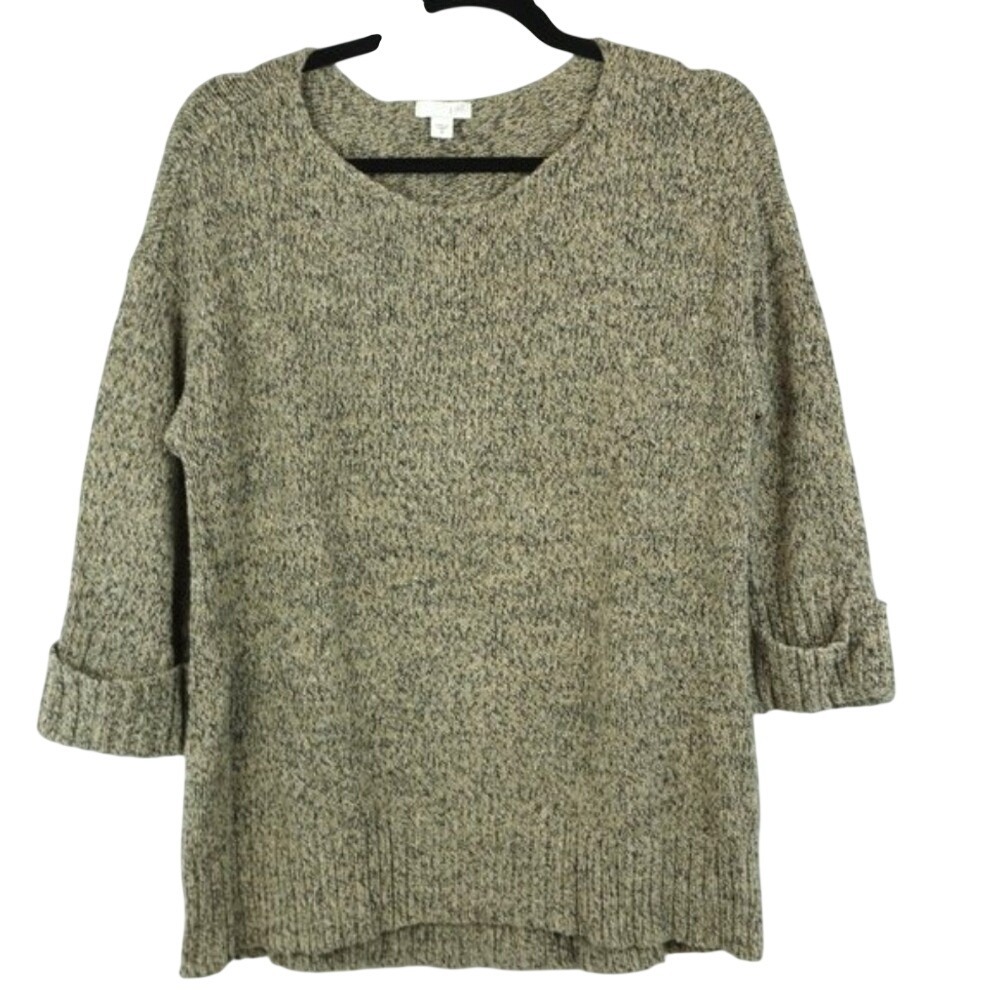 J Jill Tan and Black Heathered Crewneck Pullover Sweater Size Medium